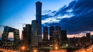 Stunning view of Beijing's skyline featuring modern skyscrapers at twilight.