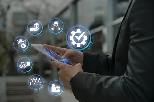 Business professional navigating supply chain processes on a tablet, showcasing leoker's expertise in digital supply chain management, production quality, and logistics solutions in china.