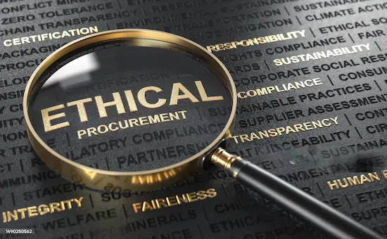 Magnifying glass highlighting the words 'ethical procurement' surrounded by related terms like responsibility, sustainability, integrity, and compliance, representing leoker's commitment to thorough supplier assessments and ethical sourcing.